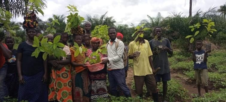 Community members holding tree seedlings for planting